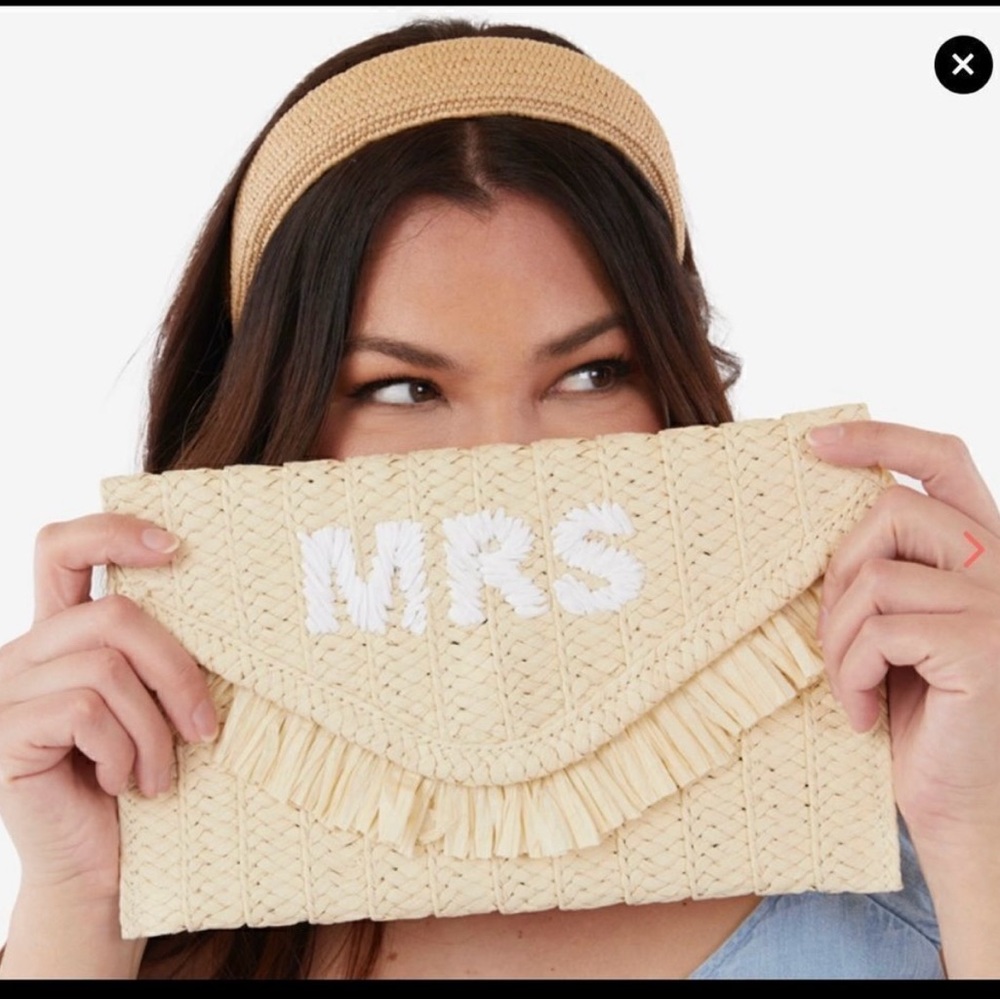 Beige Woven Clutch with 'MRS' Embroidery